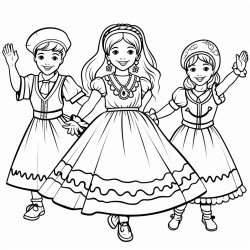 create a coloring page for   featuring our children who dance in traditional ukrainian attire the scene should include joyful and energetic boys dressed as cossacks and girls in beautiful ukrainian dresses