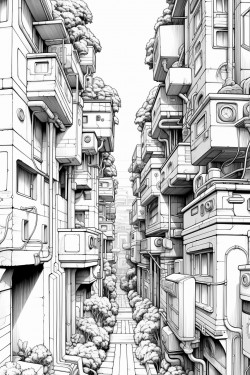big blank wall without windows in the middle of a metropole include some plant climbing down the houses