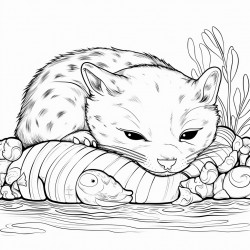 calico cat sleeping with a platypus toy