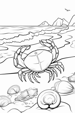 a crab holding a seashell on the beach with waves