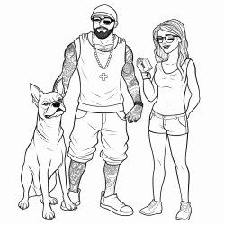 thin punk guy bald with beard playing with male boxer dog with cute chubby woman wearing glasses