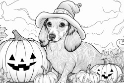 mini dachshund dressed as a witch carving a pumpkin