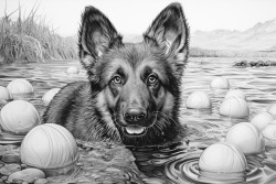 german shepherd puppy playing in the water with a ball
