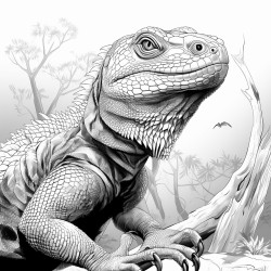 komodo dragon with complicated drawing inside no shadows thick lines