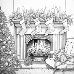 a cozy fireplace scene with stockings garlands and a crackling fire