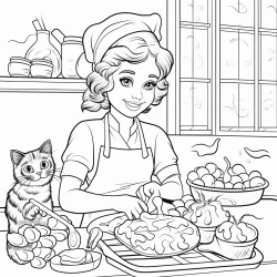 i want to color a silly picture of a sweet girl baking cookies with her cat she lives on a river