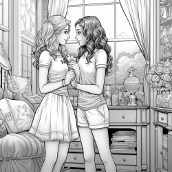 two girl best friends in a room coloring