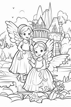 butterflies mermaids fairies in a river with a rainbow and a waterfall there is a castle in the background
