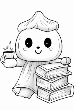 a friendly ghost sipping tea in a cozy candlelit room filled with books and soft pillows