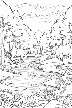 a river in a forest with kids playing and animals