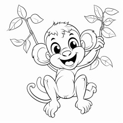 bw coloring book page baby monkey  swinging from a vine line art solid white background