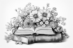 open books surrounded by various delicate flowers