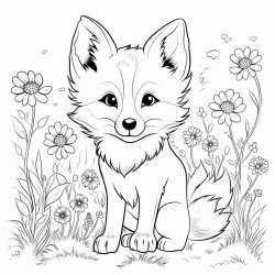 a cute little fox lying in a meadow full of wildflowers
