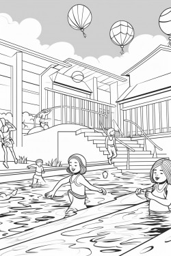 pool party scene with kids swimming splashing and diving