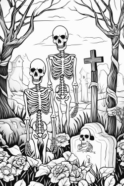 skeletons stand in the middle of an ancient cemetery