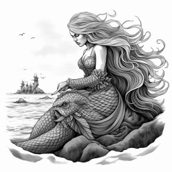 a gothic mermaid with long flowing hair and dark scales resting on a rock in a shadowy sea