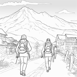 people carrying large backpacks and guns walking in alaska towards a mountain in the background