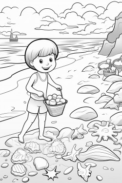 beach scene with sandcastles seashells and crabs and kids playing