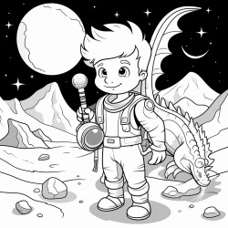 a brave astronaut exploring a mysterious planet with a giant dragon