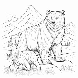 a beautiful grizzly bear and cub with a mountain range in the backround