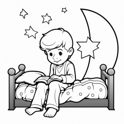 a little boy kneeled down by his bed praying and there is a window over his bed with the moon and stars outside