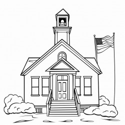 a two story country school house a flag pole to the left and bell tower stairs in center