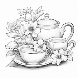 tea cups and saucers tea pot with floral design on tea bag