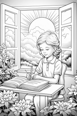 a desk with an open laptop a coffee cup books and a potted plant the window shows a sunset