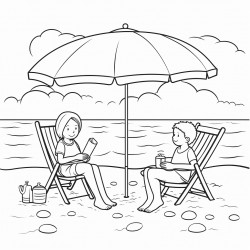 kids at the beach with their supplies by their chair under a umbrella