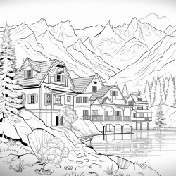 mountains with houses and lake
