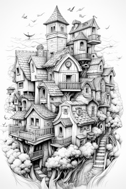 birds sauring above houses