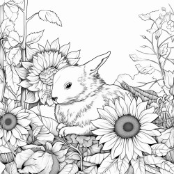 a sunflower in a forest clearing with a small bunny sleeping in the bottom left corner