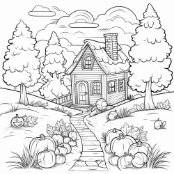 seasonal sutumn colouring age with pumpinks a cottage around a forest sunset with some small clouds