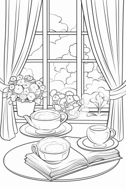 a cute tea time by the window coloring bookvector white background black and white black drawing coloring page