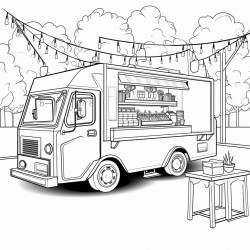 food truck market with multicultural theme and festoon lights