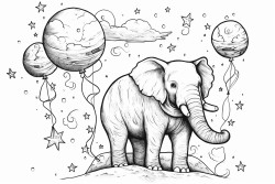 an elephant floating in space with planets in the background