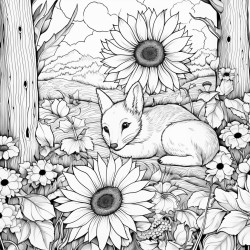 a sunflower in a forest clearing with a small bunny sleeping in the bottom left corner