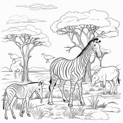 a lively safari scene with a jeep include animals like lions zebras elephants and giraffes with acacia trees
