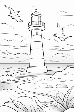 lighthouse on the beach with birds and the ocean in the background