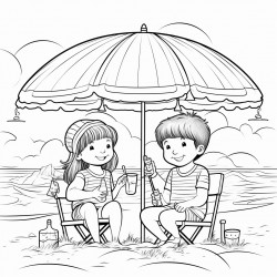kids at the beach with their supplies by their chair under a umbrella