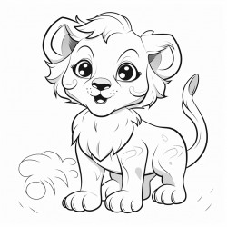 black and bright white whimsical cartoon lion cub full body on white background coloring page