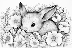 a baby rabbit sleeping in a bed of flowers