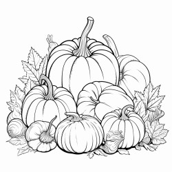 create a blackandwhite coloring page featuring pumpkins and gourds arranged together each pumpkin and gourd should have bold defined outlines showing unique shapes and textures keep the design simple with large open spaces