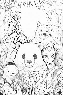 jungle with jungle animals and a panda soft edged cottagecore