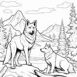 dog and a wolf staring at each other in the wilderness of alaska in the style of comic book