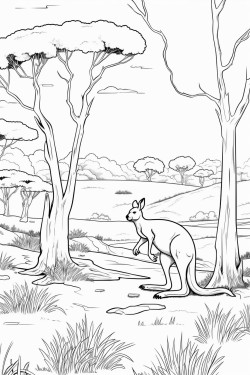 austrlian scene with gum trees and kangaroo