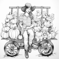 adult woman in jeans and check shirt sitting on a hay wagon which ist loaded with different pumpkins