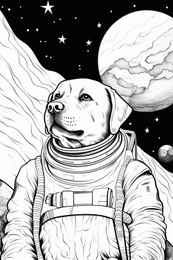 coloring page black lines line art no colors retro scene of dogs floating in space chasing bones white background