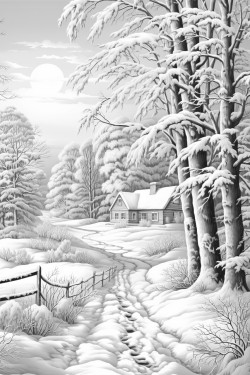 winter tree scene with many trees and the sun shining with sun rays