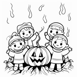 pumpkin people at a bonfire